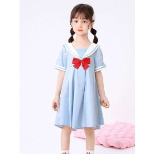 SHEIN Balabala Girls Summer Jk College Style Sweet Bow Children's Short-Sleeved Dress Blue | SHEIN USA