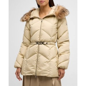 Moncler Loriot Belted Puffer Jacket with Removable Faux Fur Ruff