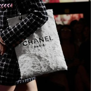 Chanel Shopping Bag Sequins & Black Metal White & Black