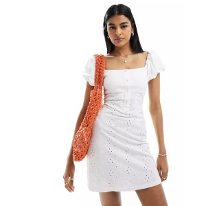 ASOS DESIGN broderie button corset mini dress with puff cap sleeve in white