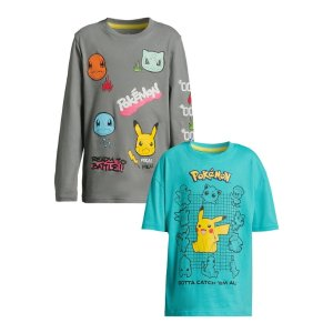 Pokemon Boys Pika Long Sleeve and Short Sleeve Graphic T-Shirt, 2-Pack, Sizes 4-18