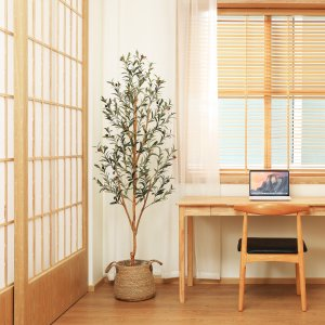6 ft Artificial Olive Plants with Realistic Leaves and Natural Trunk, Silk Fake Potted Tree with Wood Branches and Fruits, Faux Olive Tree for Office Home Decor