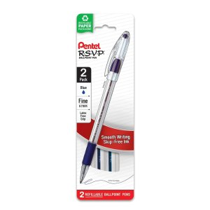 pentel RSVP Ballpoint Pen, 0.7mm, Fine Line, Blue Ink, 2 Pens per pack