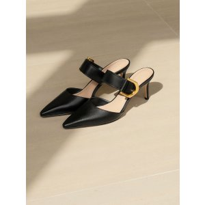 Charles & Keith Gabine Buckled Leather Mule Pumps - Black
