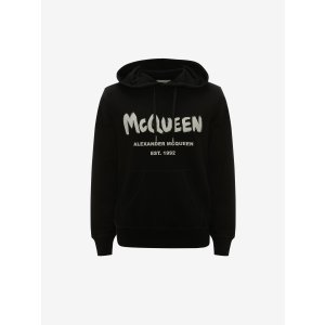Alexander McQueen Men's McQueen Graffiti Hooded Sweatshirt in Black/ivory