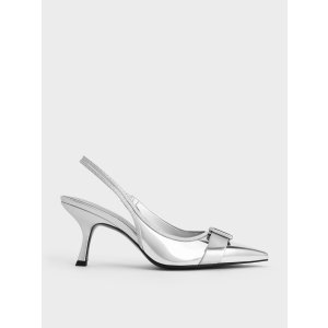Charles & Keith Metallic Buckled Pointed-Toe Slingback Pumps - Silver