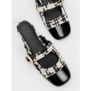 Charles & Keith Tweed Pearl Buckle Mary Jane Mules - Black