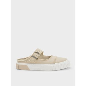 Charles & Keith Denim Buckled Slip-On Sneakers - Beige