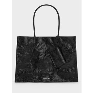 Charles & Keith Large Matina Crinkle-Effect Tote Bag - Jet Black