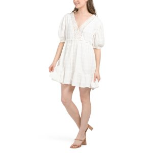 Puff Sleeve Lace Trim Mini Dress