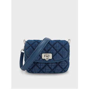 Charles & Keith Cressida Denim Quilted Crossbody Bag - Denim Blue
