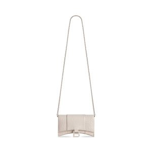Balenciaga Women's Hourglass Wallet On Chain Crocodile Embossed in Beige