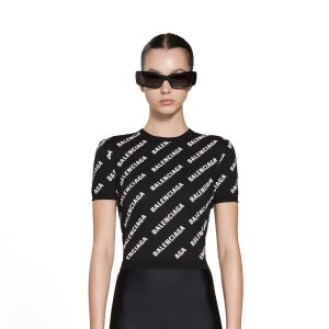 Balenciaga Women's Mini Allover Logo Crop Short Sleeve Sweater in Black