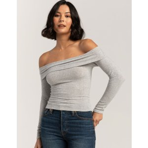Full Tilt Fold Over Rib Off The Shoulder Womens Top