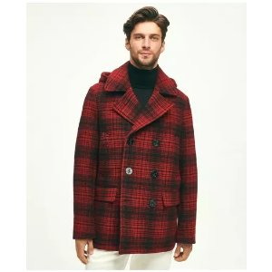 Brooks Brothers Wool Hooded Buffalo Check Pea Coat