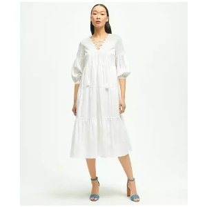 Brooks Brothers Cotton Tiered Eyelet Tie Neck Dress
