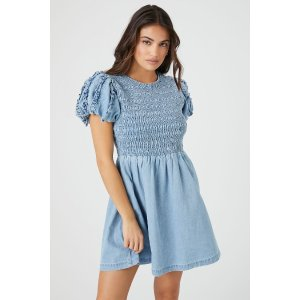 Denim Puff-Sleeve Babydoll Mini Dress