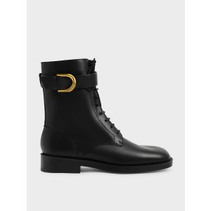 Charles & Keith Gabine Leather Lace-Up Ankle Boots - Black