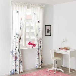 Ikea SANGLARKA Curtains with tie-backs, 1 pair, butterfly/white blue, 47x98 "