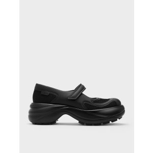 Charles & Keith Mesh Curved Platform Mary Janes - Black Textured