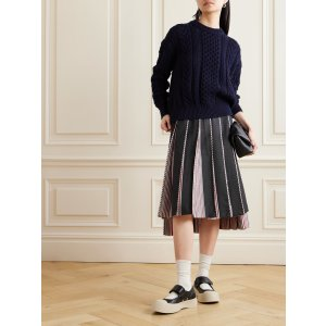 Thom Browne Pleated striped poplin-trimmed wool midi skirt