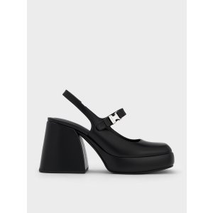 Charles & Keith Laine Metallic-Buckle Platform Mary Janes - Black