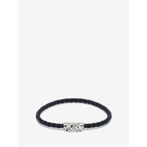 Alexander McQueen Men's Seal Logo Leather Bracelet in Black/antique Silver