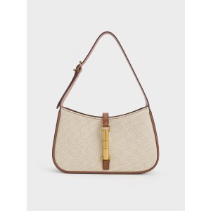 Charles & Keith Cesia Canvas Metallic Accent Shoulder Bag - Chocolate