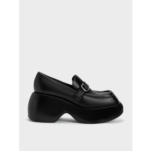 Charles & Keith Buckled Platform Penny Loafers - Black
