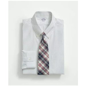 Brooks Brothers Stretch Supima® Cotton Non-Iron Poplin Button Down Collar, Ground Stripe Dress Shirt