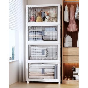 76QT Storage Bins with Lids - Folding Storage box with Doors and Wheels, Collapsible Plastic Storage Bins for Closets, Stackable Storage Organizer, Storage Containers for Closet, 4 Pack Cubes
