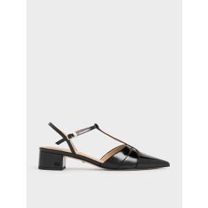 Charles & Keith Leather T-Bar Block-Heel Pumps - Black Box