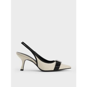 Charles & Keith Linen Buckled Pointed-Toe Slingback Pumps - Chalk