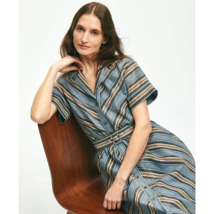Brooks Brothers Nipped-Waist Chevron Shirt Dress In Linen Blend