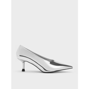 Charles & Keith Metallic Pointed-Toe Kitten-Heel Pumps - Silver