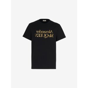 Alexander McQueen Men's Reflected Logo T-shirt in Black/ Gold