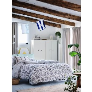 Ikea JUNIMAGNOLIA Duvet cover and pillowcase(s), white/dark blue, Full/Queen (Double/Queen)